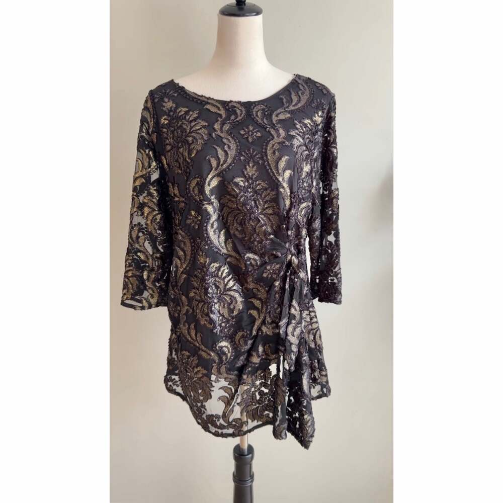 Alfani Black and Gold Metallic Burnout Lace 3/4 Sleeve Side-Tie Blouse